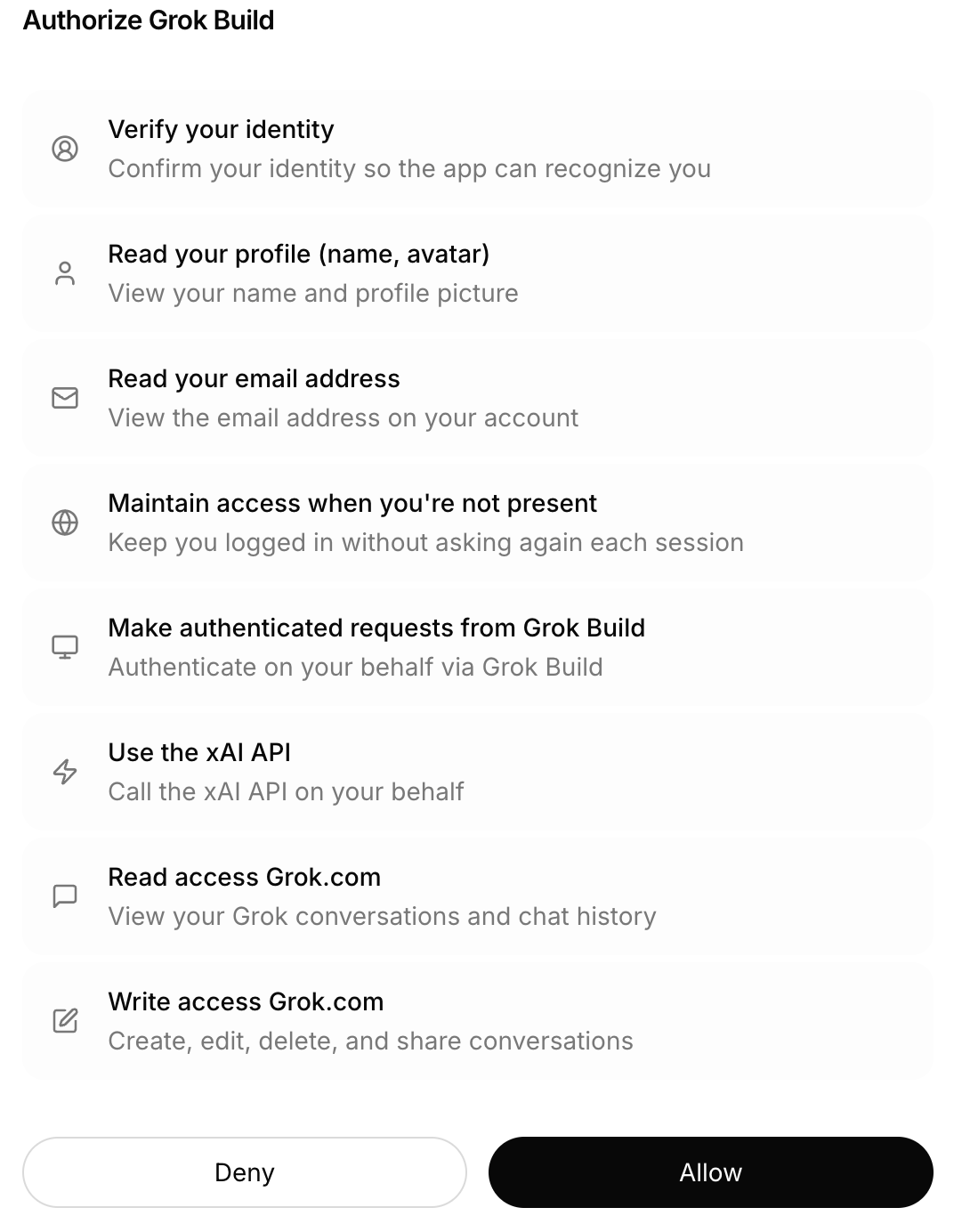Grok Build authorization screen listing requested account permissions