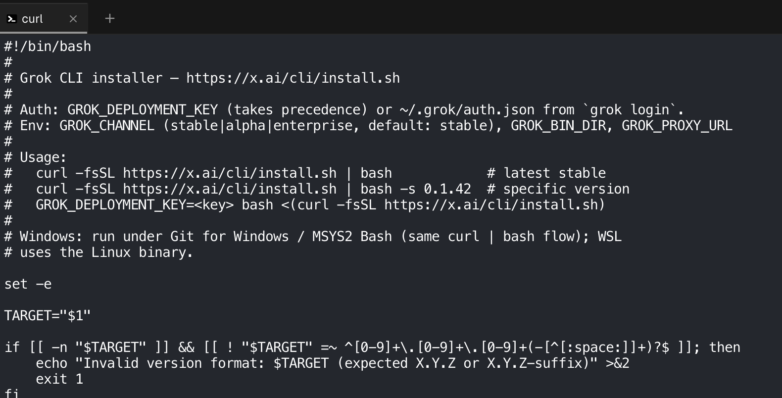 Grok Build installer script shown in a terminal