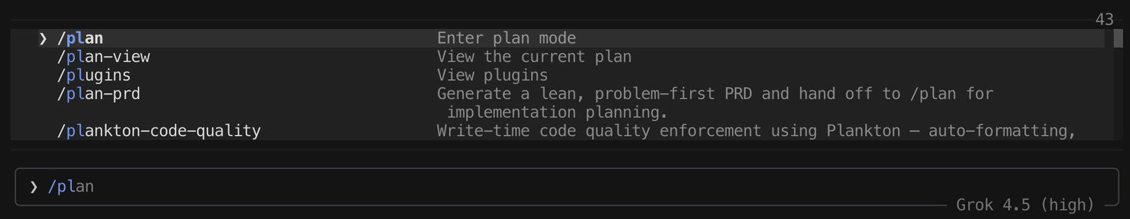 Grok Build slash-command menu with plan selected