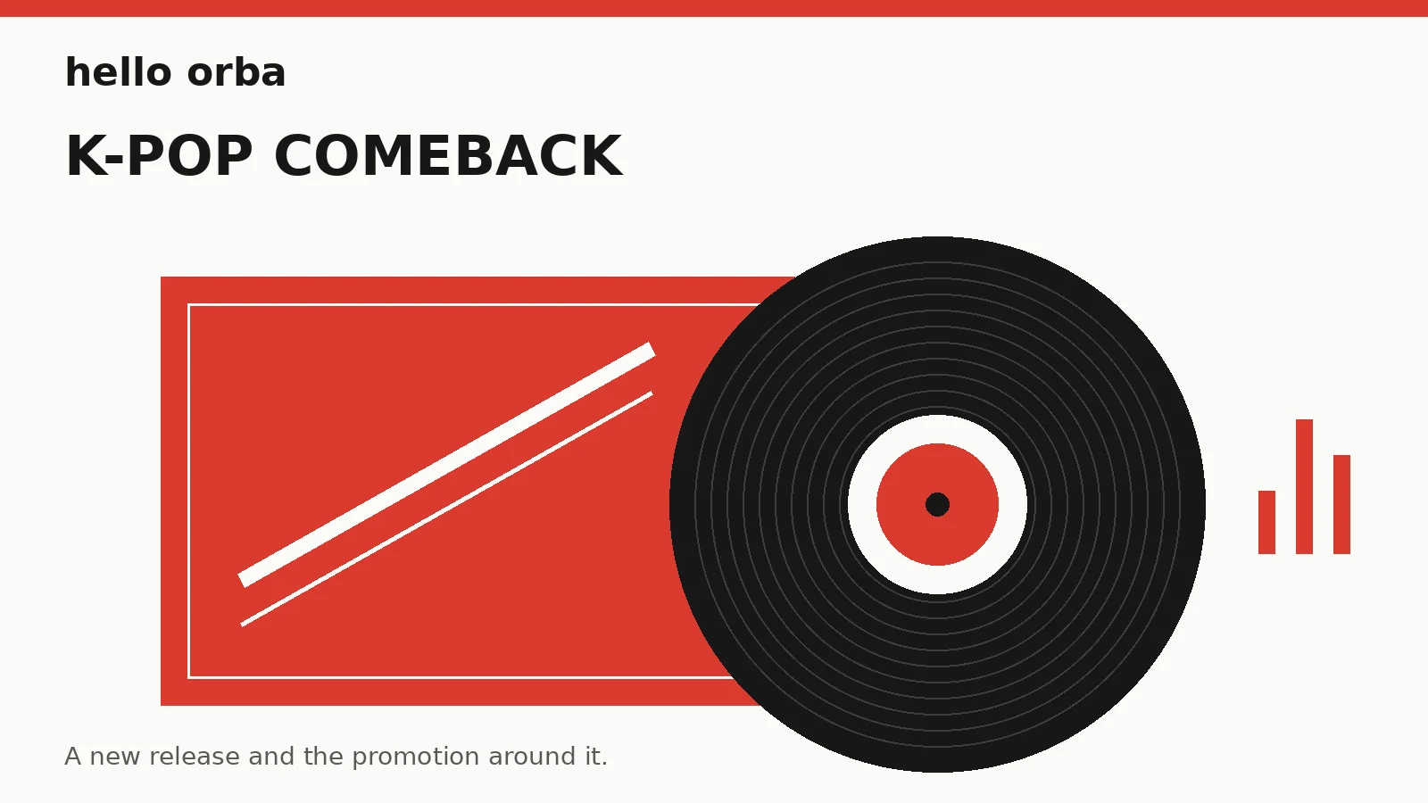 A red release sleeve and a black record illustrate new music and its promotion.
